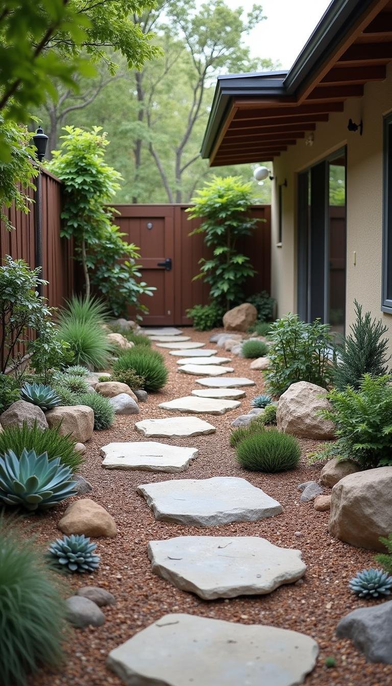 Lazy gardener's backyard with a low-maintenance succulent rock garden and stone pathways