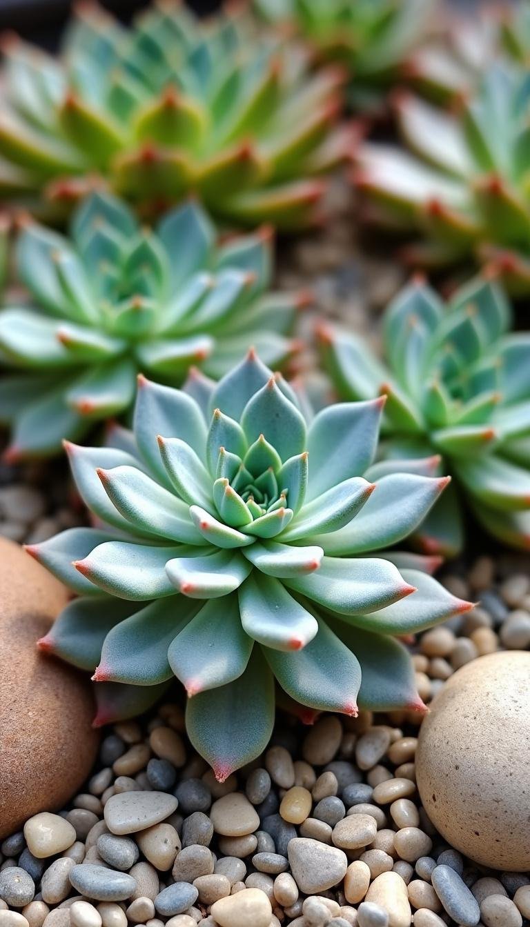 Assorted succulents planted among small rocks and gravel in a simple rock garden
