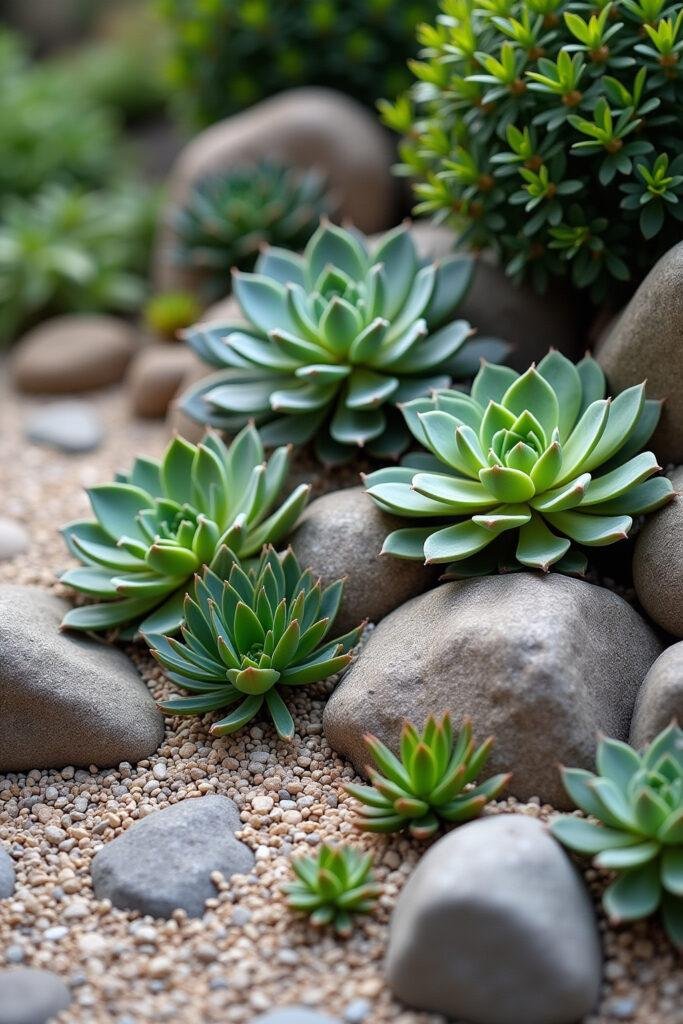 Close-up of a beautiful succulent rock garden featuring various succulents and rocks