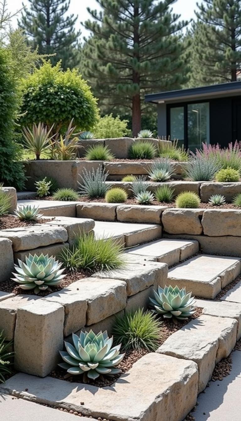 Succulent arrangement on a rock terrace showcasing different shapes and sizes of plants
