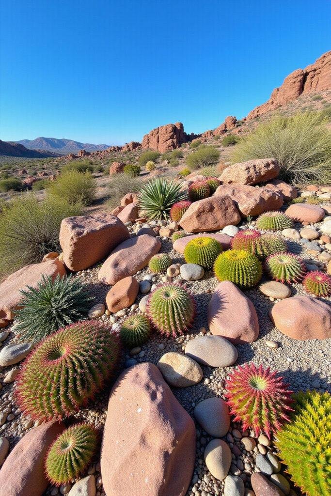 Colorful succulent rock garden with various succulents and stones in a sunny desert landscape