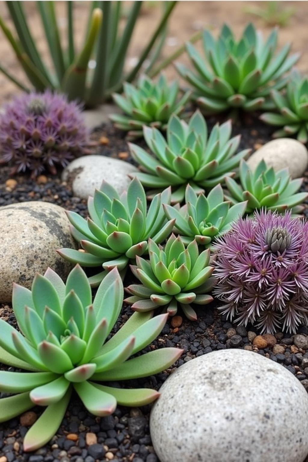 Close-up of diverse succulents surrounded by rocks in a visually appealing garden setup