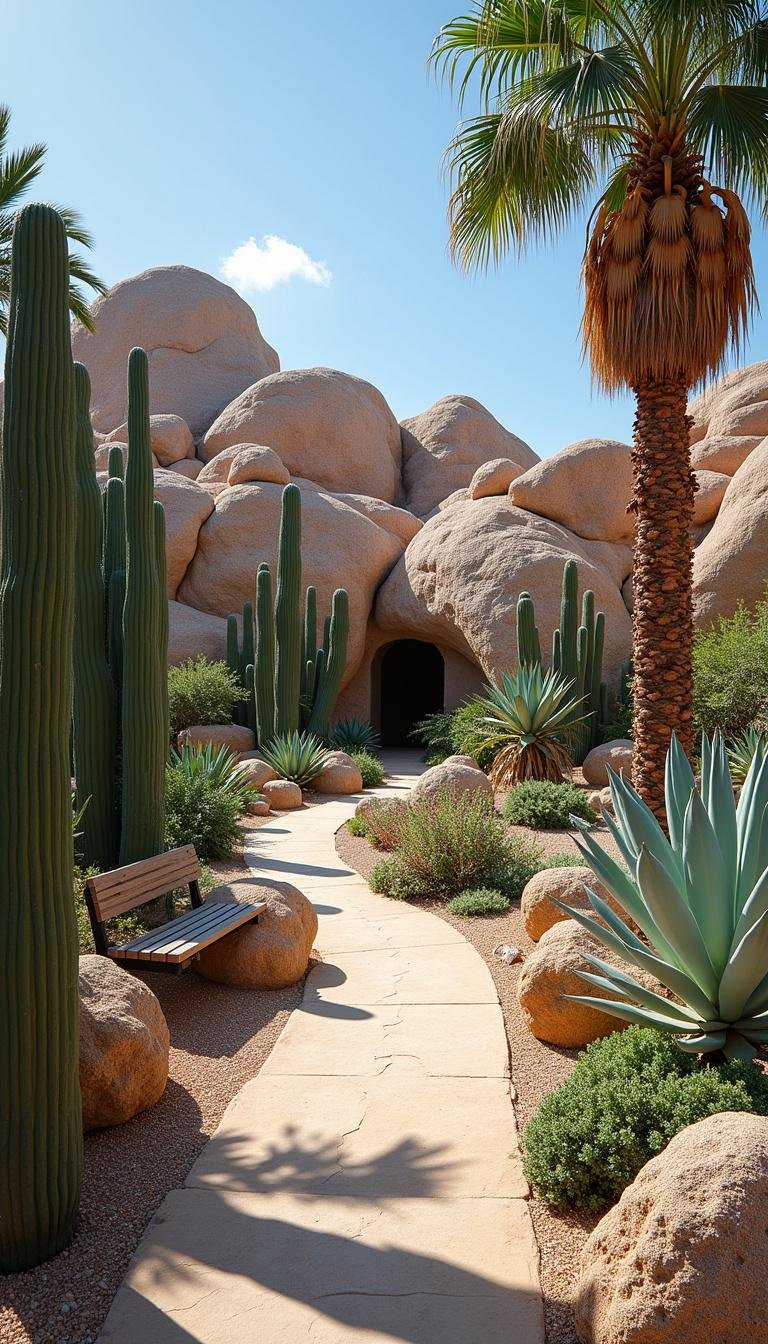 Expansive succulent rock garden with walkways and seating, evoking a vacation feel