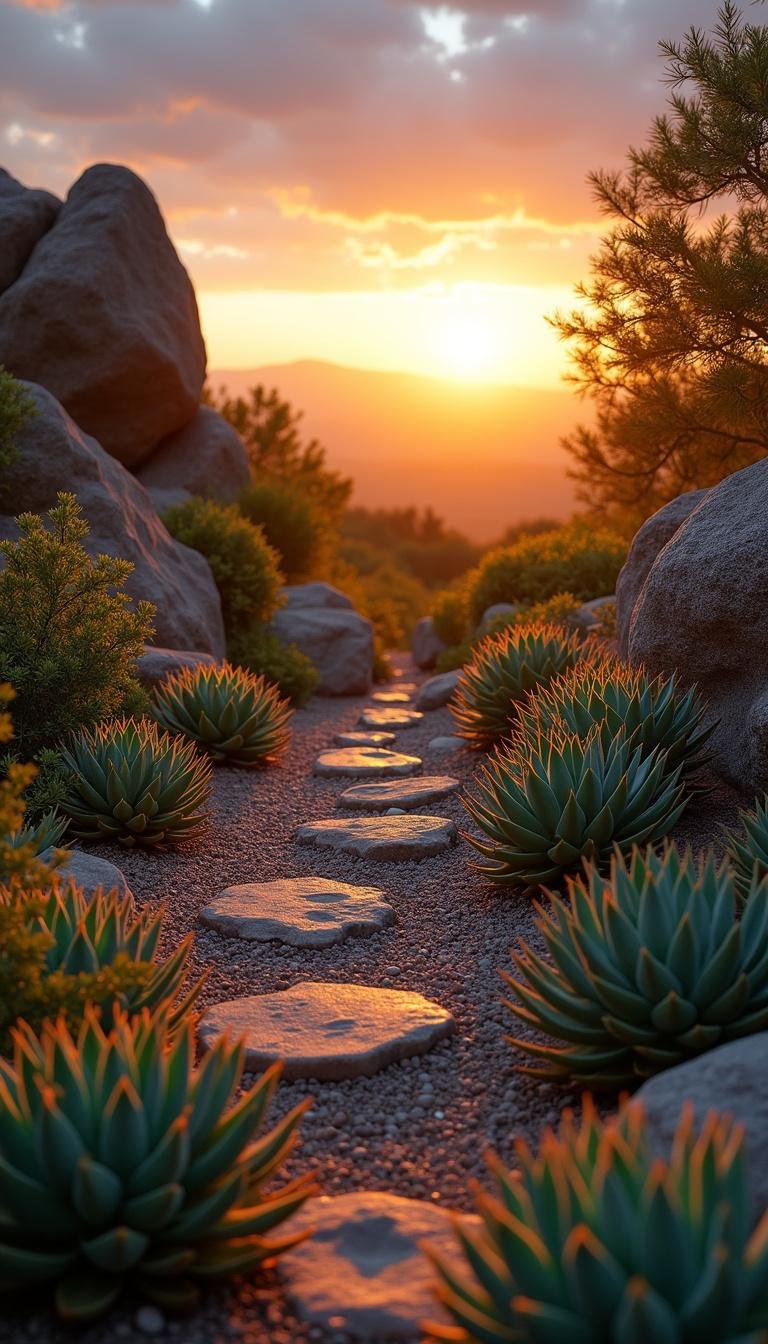 Sunset scene over a succulent rock garden with warm glow and tranquil ambiance