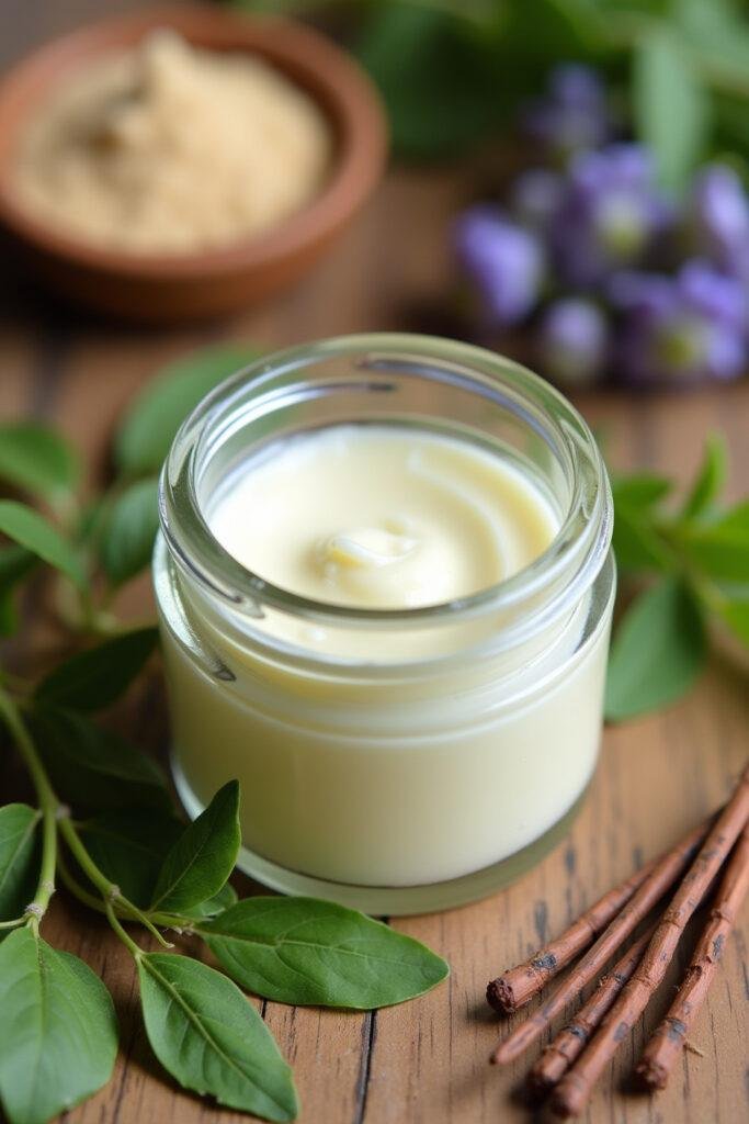 Homemade natural bug bite relief cream in a jar with herbs and plants on a wooden table