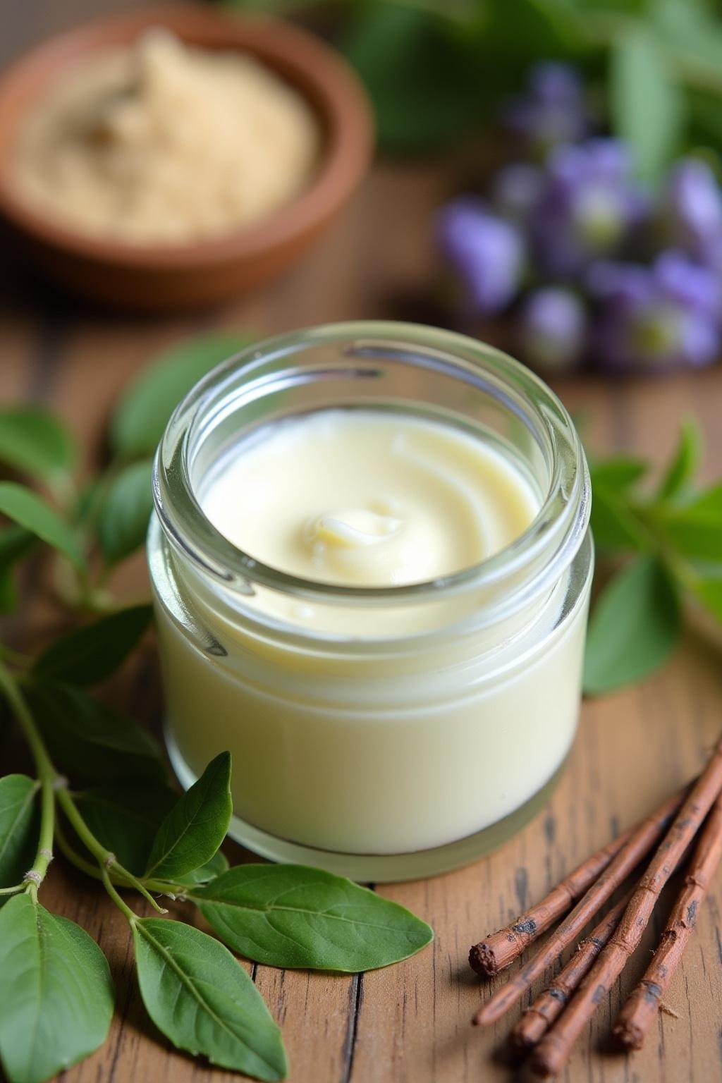 Homemade natural bug bite relief cream in a jar with herbs and plants on a wooden table
