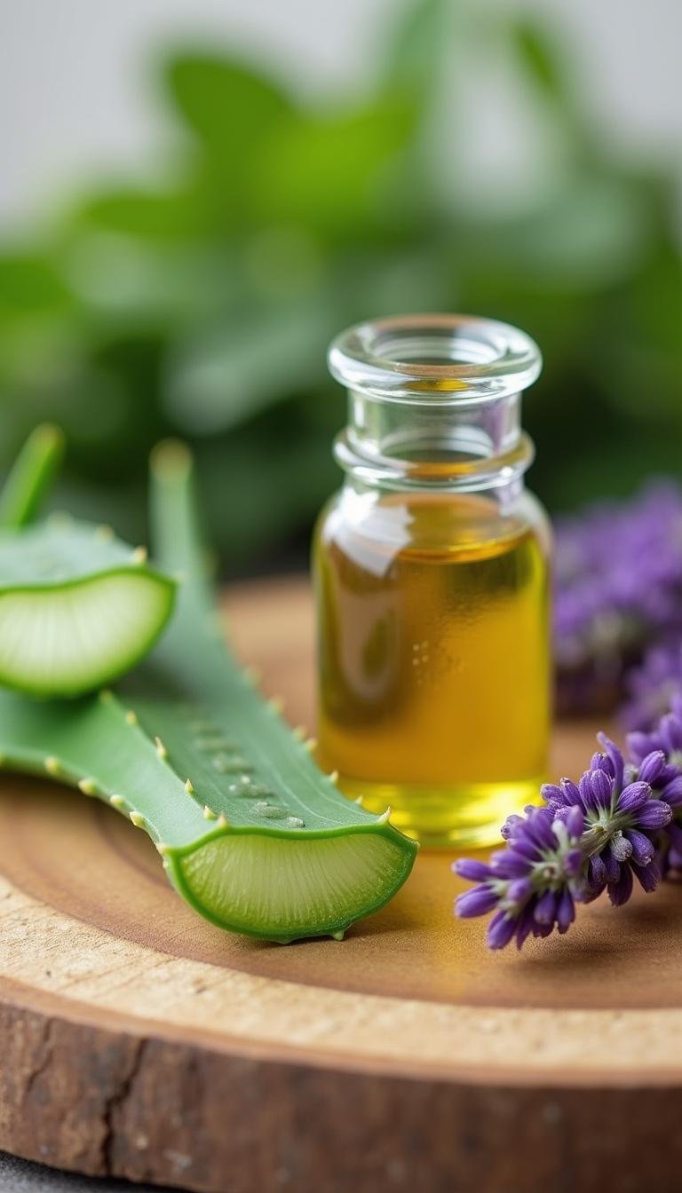 Herbal ingredients like aloe vera, lavender, and tea tree oil prepared for natural bug bite relief