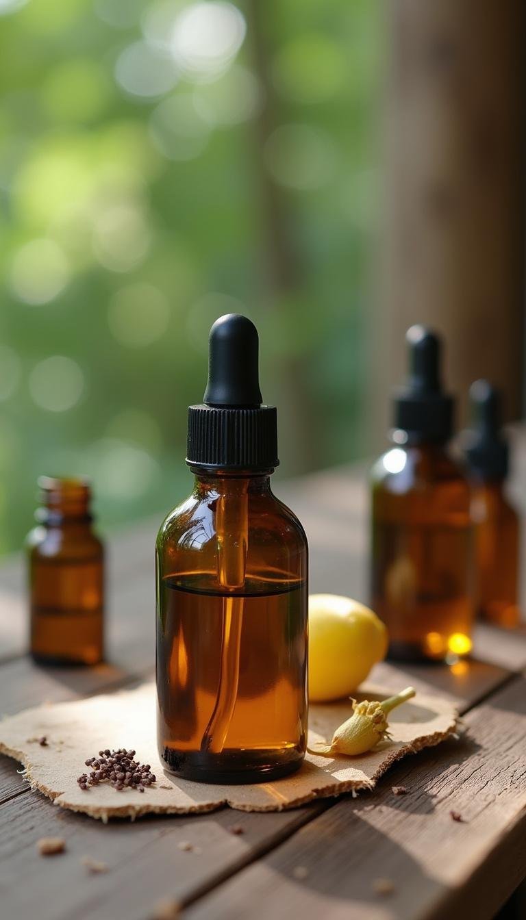 Essential oils and natural remedies displayed on wooden table for bug bite relief