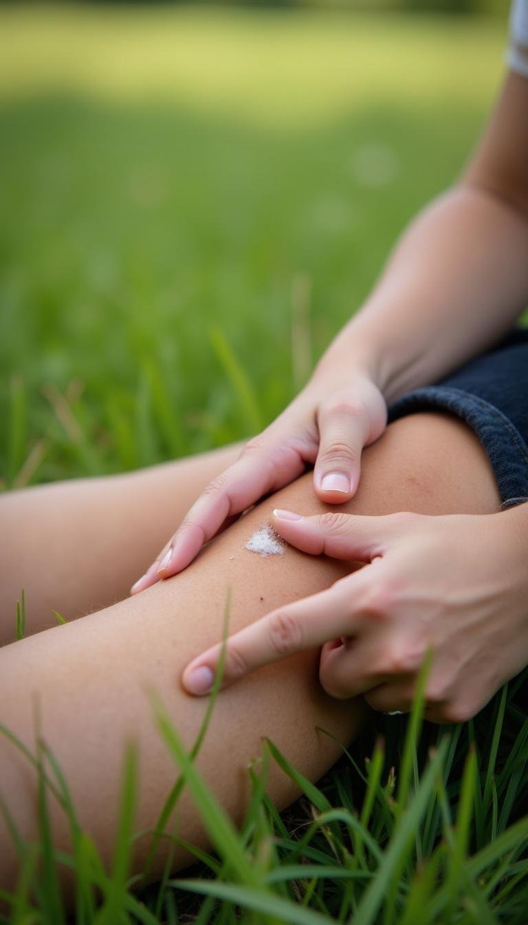 Person applying natural bug bite relief remedy on leg outdoors in grassy field