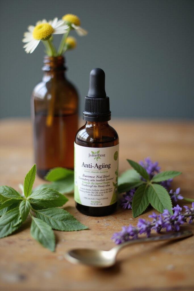Close-up of a glass roller bottle containing an anti-aging essential oil blend with herbs and flowers around it