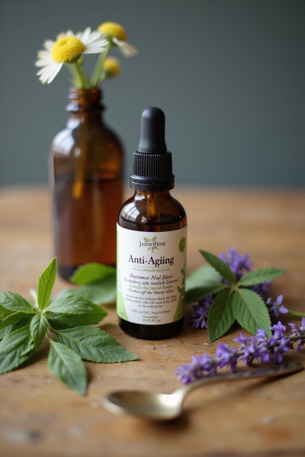 Close-up of a glass roller bottle containing an anti-aging essential oil blend with herbs and flowers around it