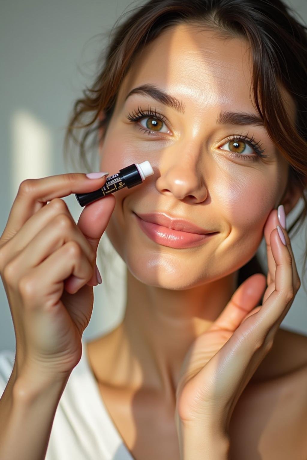 Person applying anti-aging essential oil roller blend to their face with a natural background