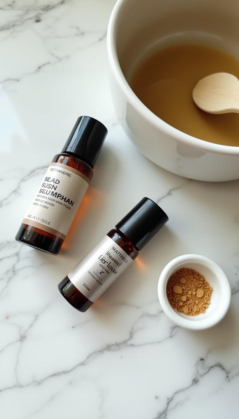 Assorted essential oils and plant ingredients for anti-aging roller blends on a marble surface