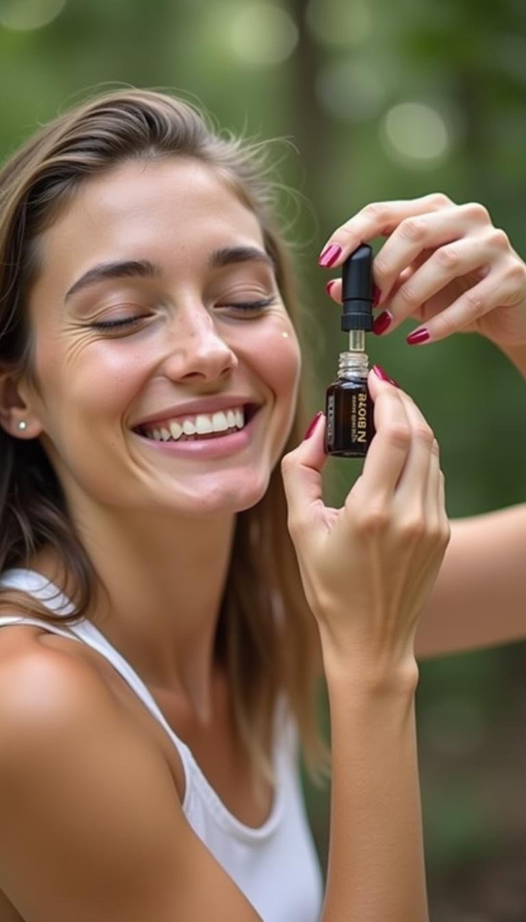 Woman applying anti-aging essential oil blend to her skin outdoors with a natural backdrop