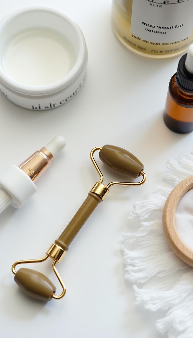 Skincare flat lay including an anti-aging essential oil roller, facial serum, and skincare accessories