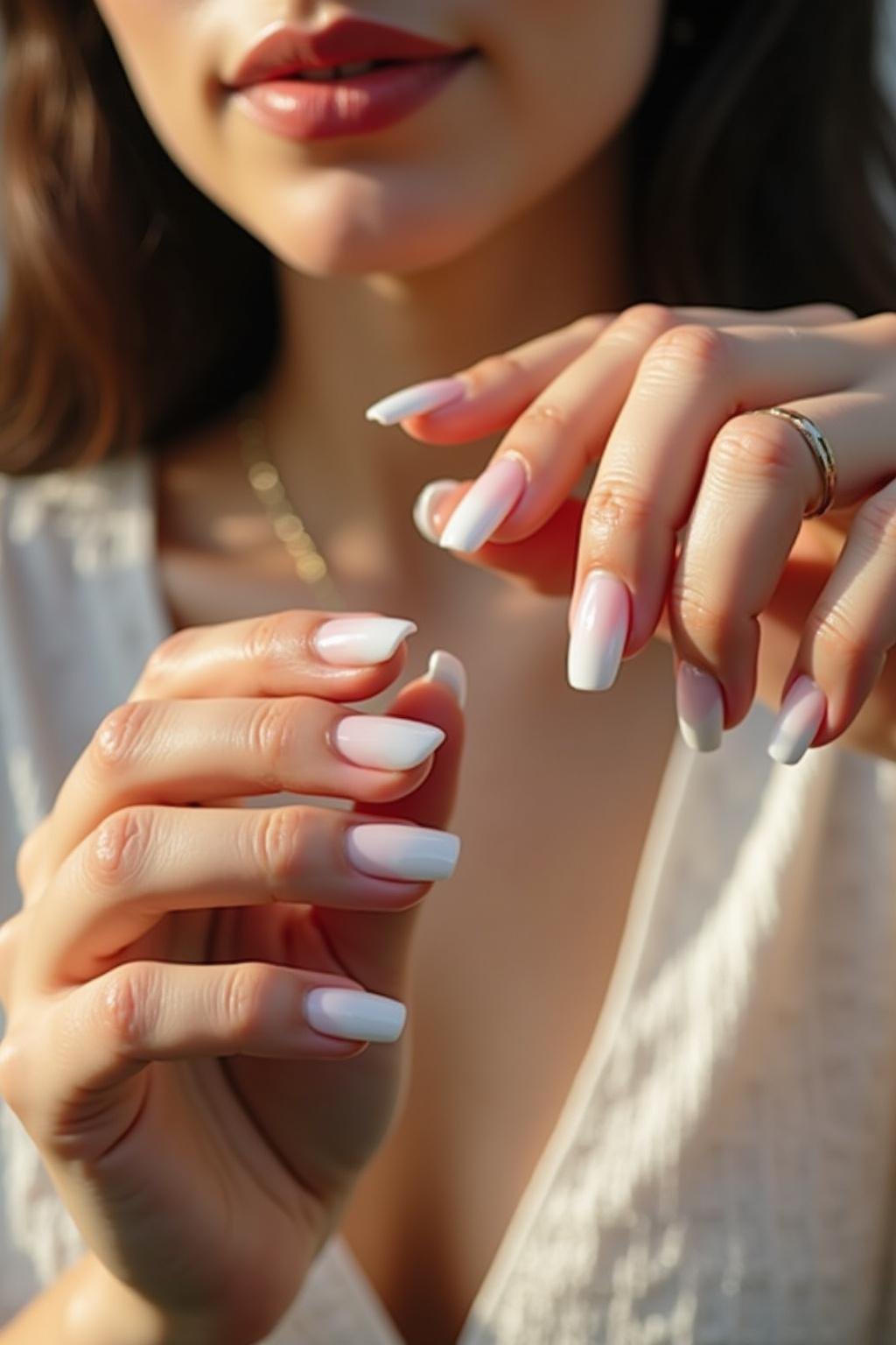 Woman displaying simple and trendy summer nails with a glossy finish outdoors