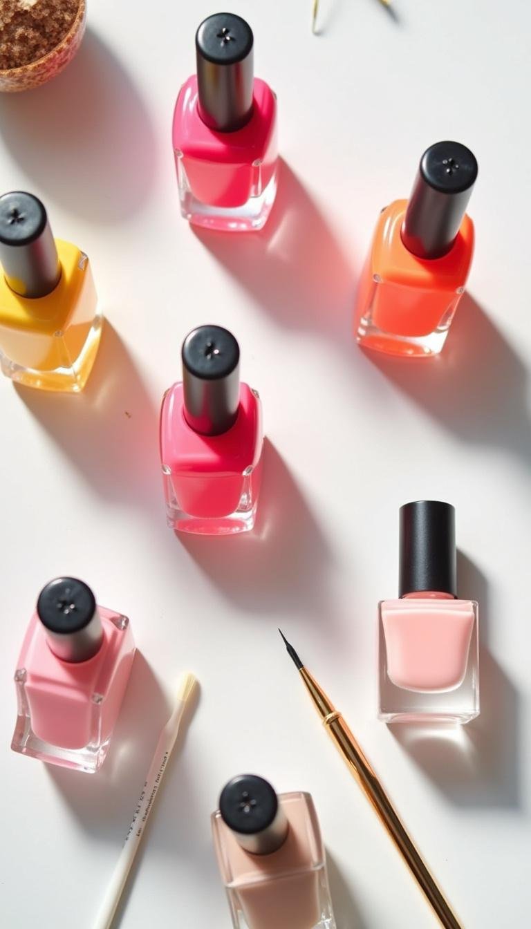 Flat lay of summer nail polishes and tools for simple nail art in bold and pastel colors