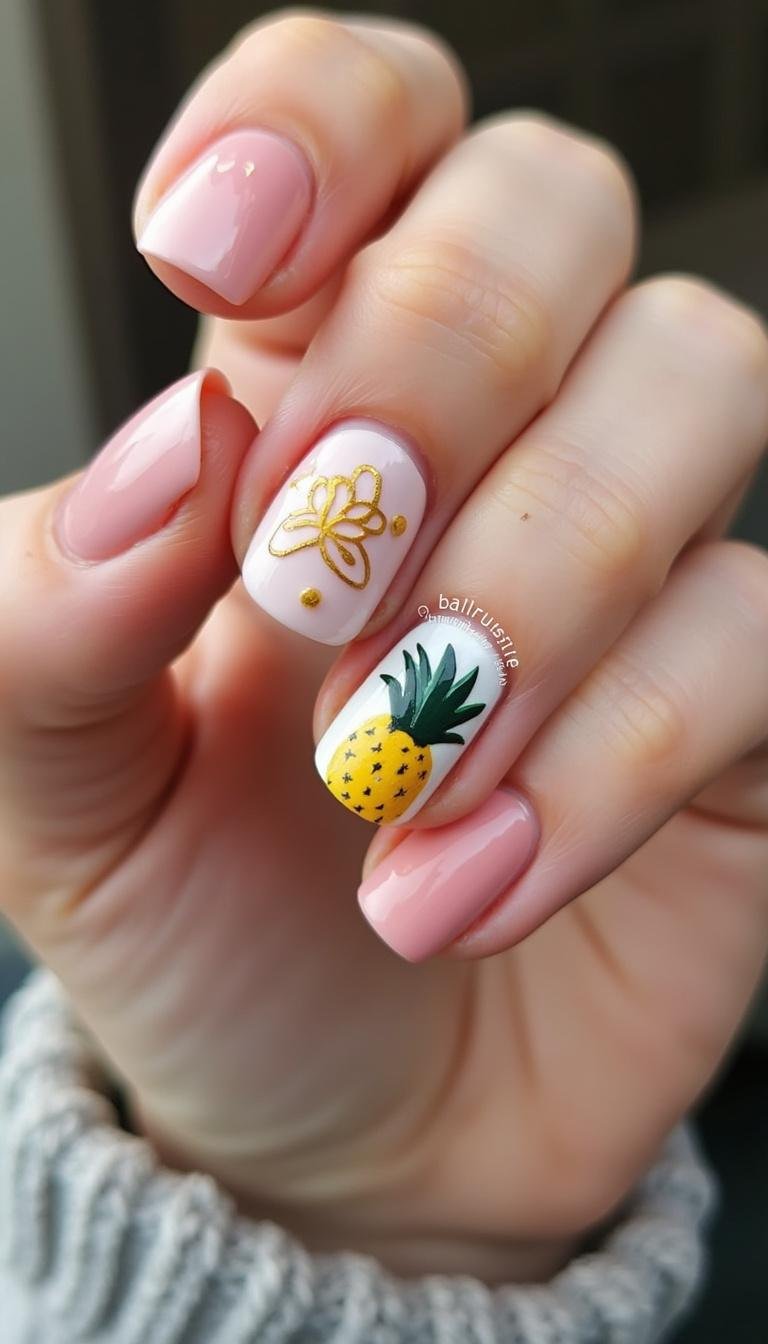 Summer-themed nail design with tropical motifs on short, fashionable nails