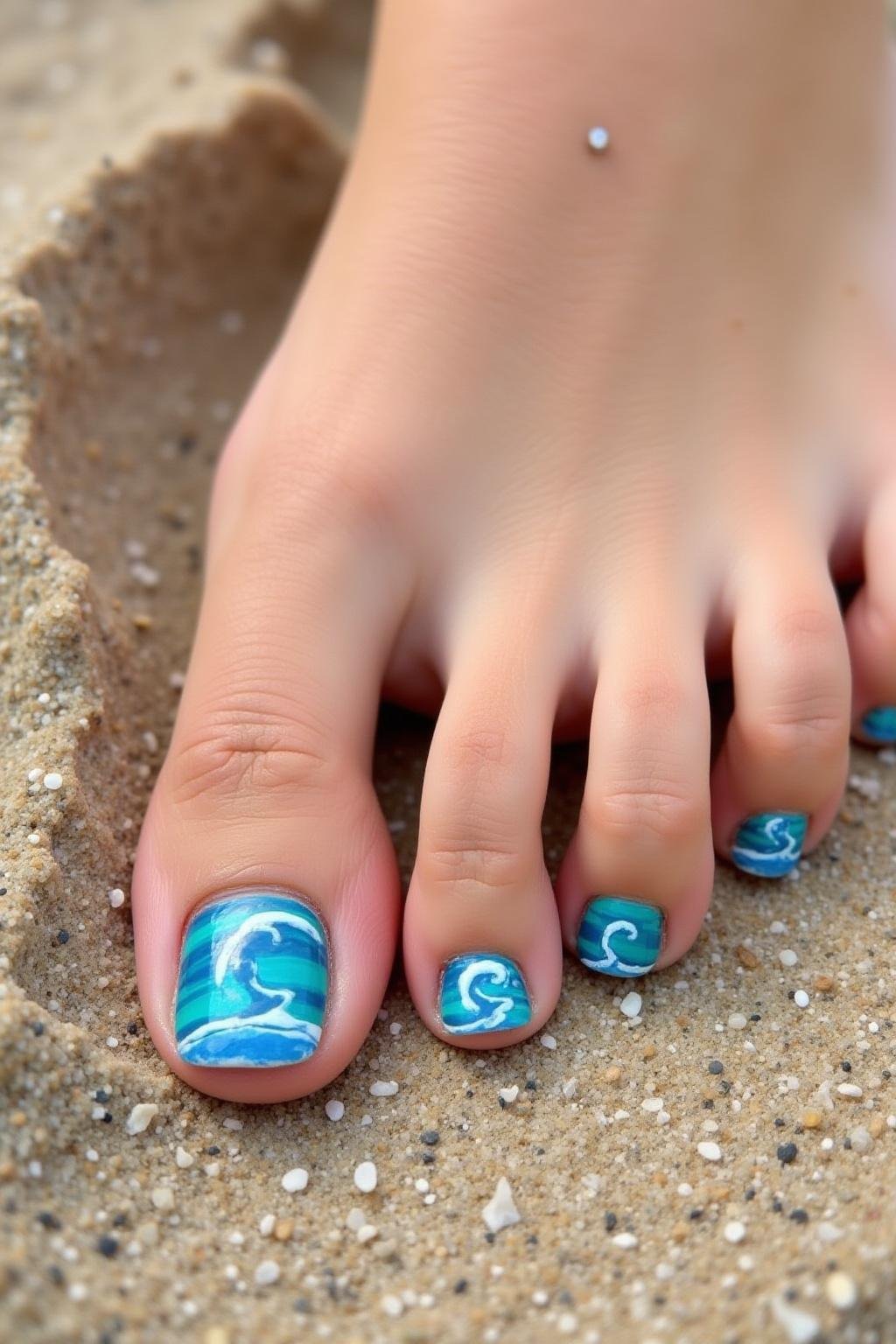 Beach-themed toenail art in blue and turquoise colors on a person relaxing on the beach