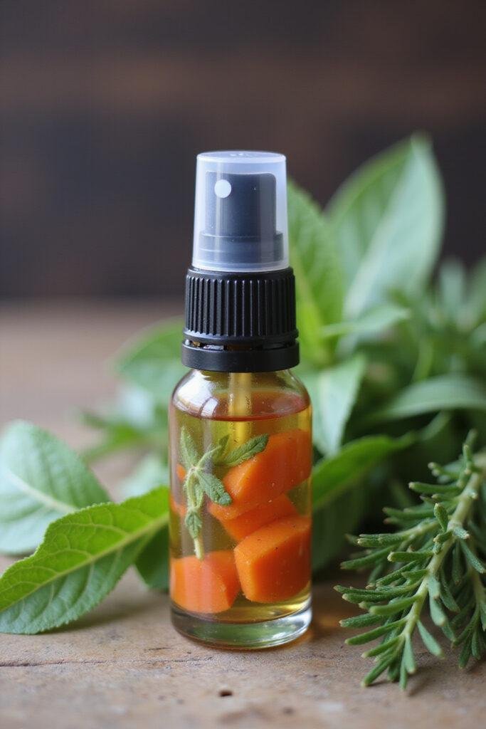 Essential oil roller bottle with allergy relief blend on wooden table surrounded by herbs