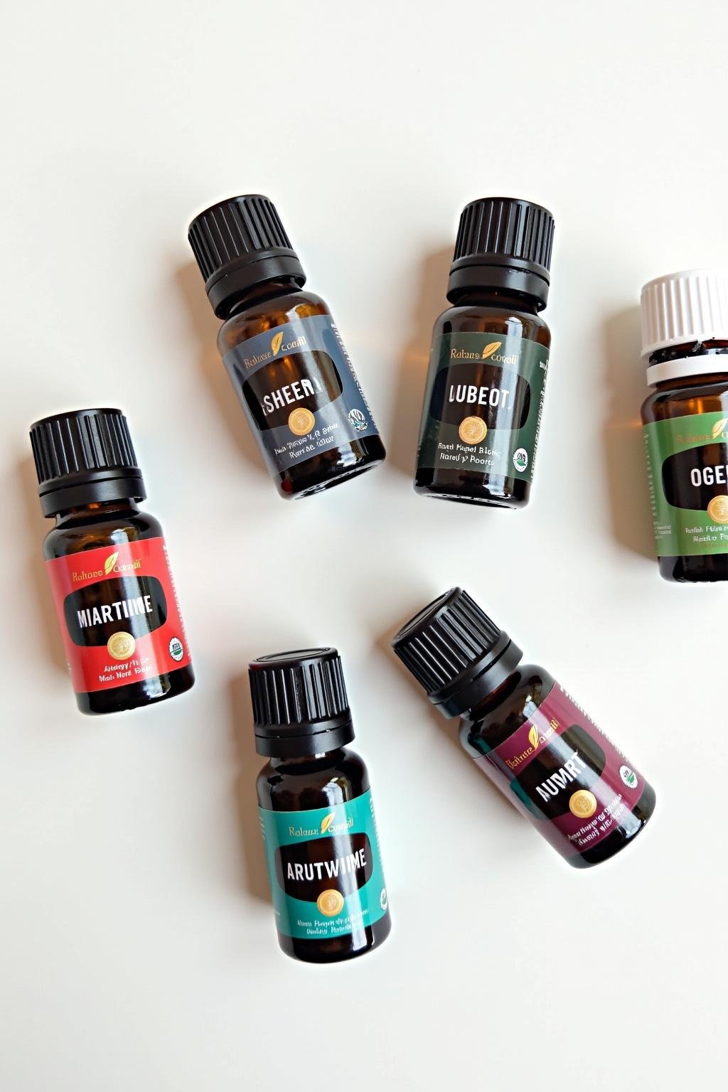 Collection of essential oil bottles labeled for allergy relief on white background