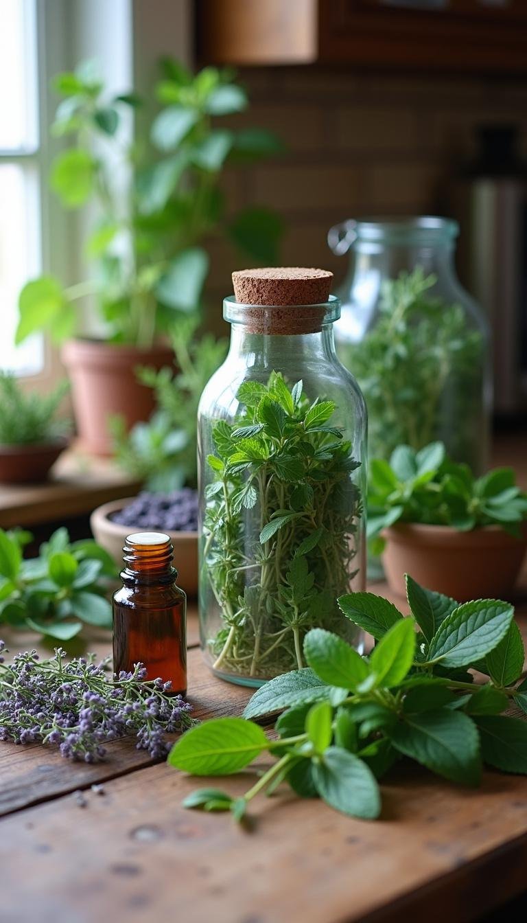 Herbs like eucalyptus, lavender, and peppermint on rustic counter for making essential oil blends