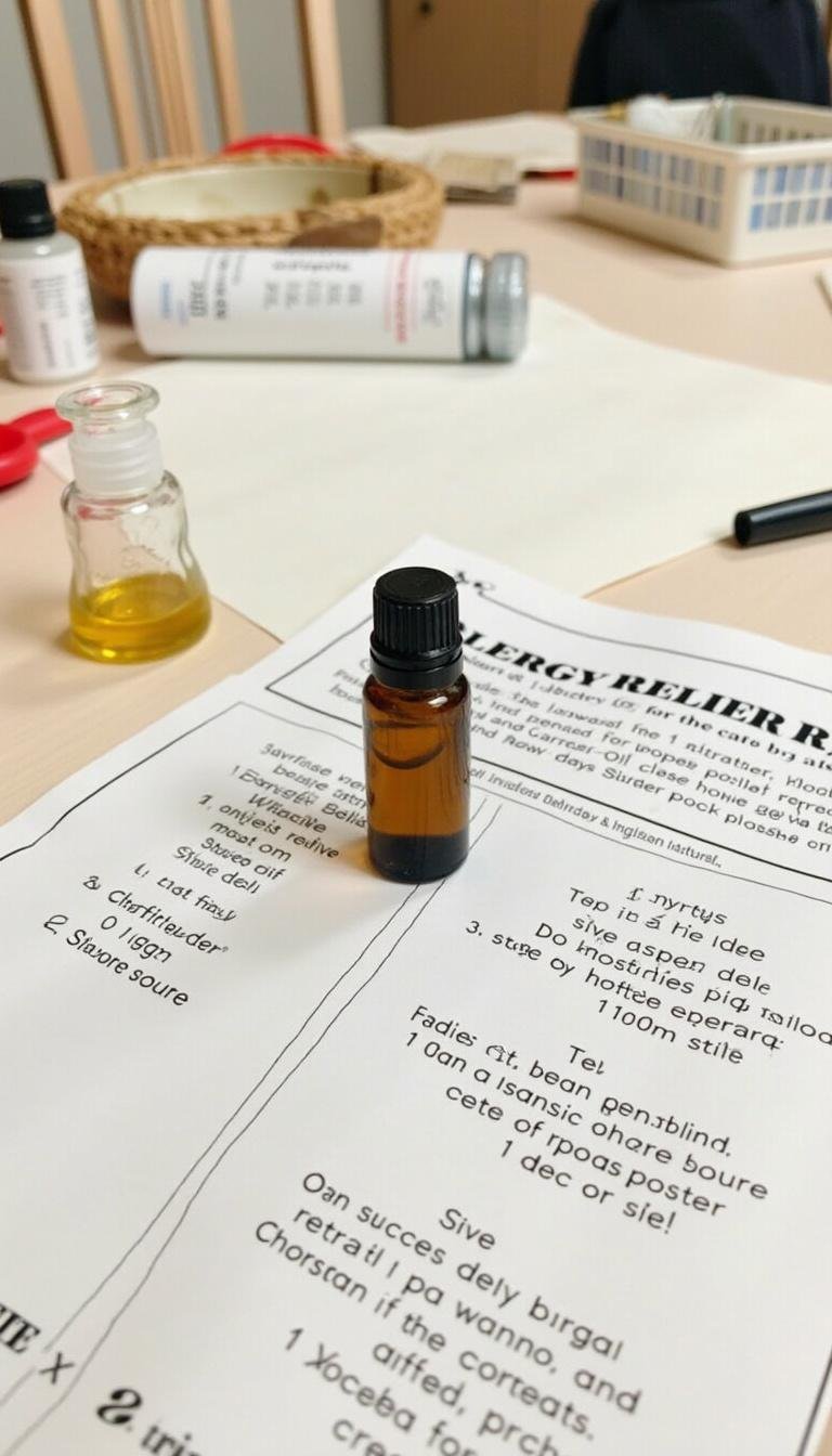 Illustration of ingredients and steps for homemade allergy relief essential oil roller blend