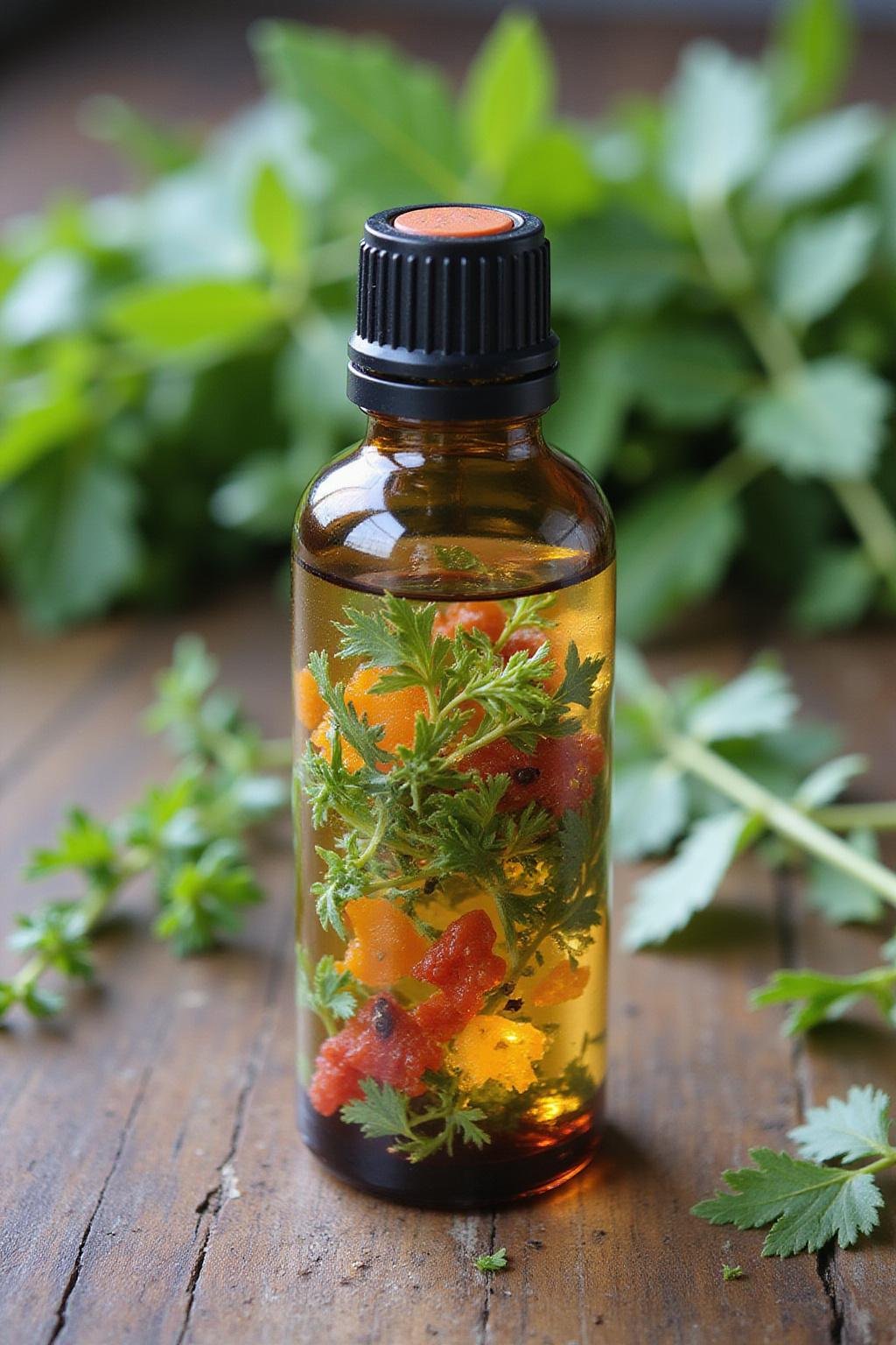 Vibrant essential oil roller bottle with herbs for energy boost on wooden table