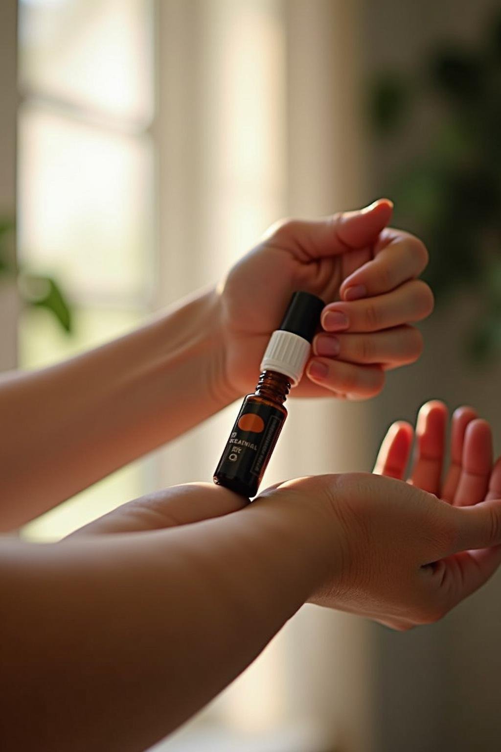 Person applying energizing essential oil roller to wrist in bright natural light