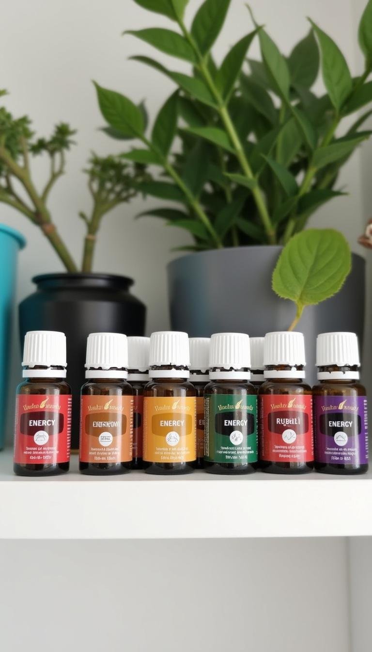 Assorted essential oil bottles for energy on a shelf with green plants behind