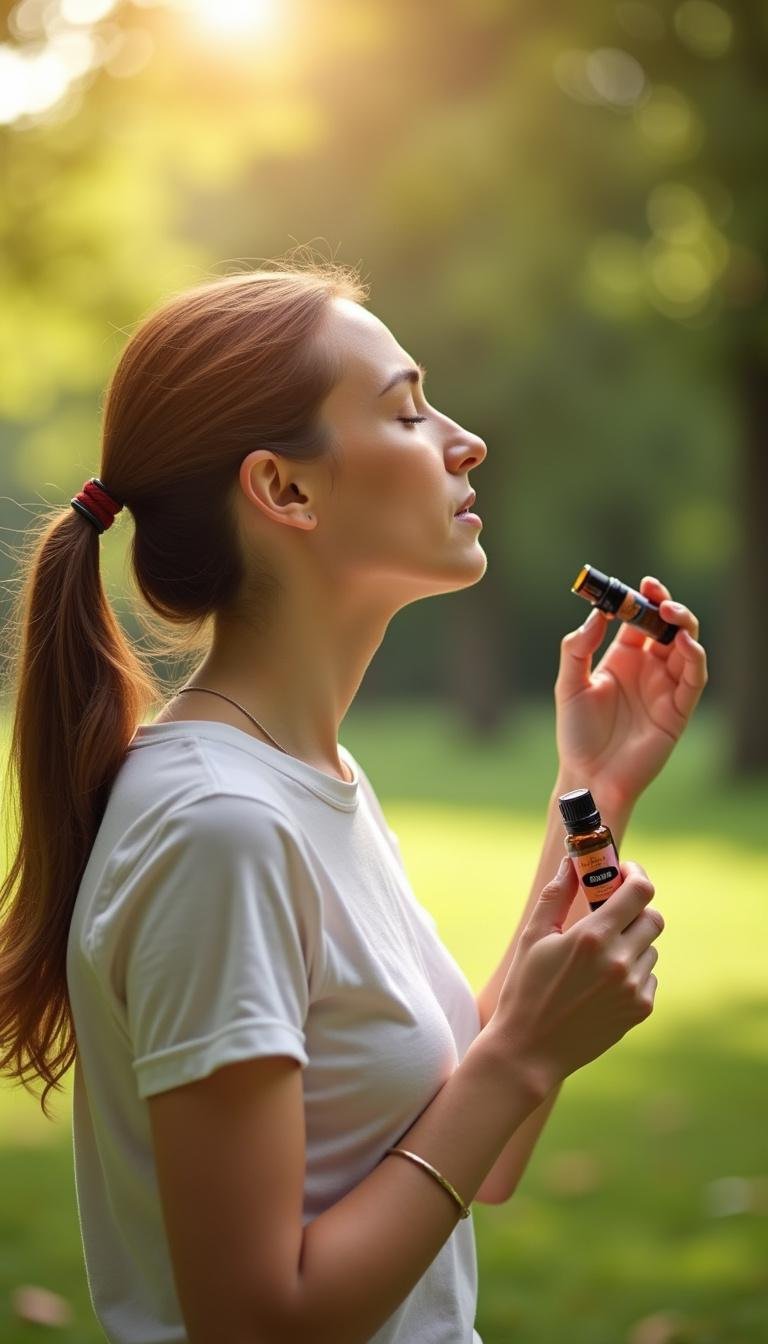 Woman enjoying outdoor energy boost with essential oil roller in park