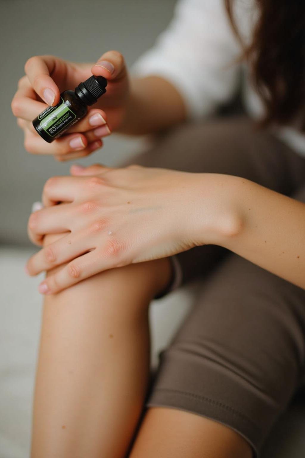 Individual using a roller with lemon, rosemary, and eucalyptus essential oils to enhance focus