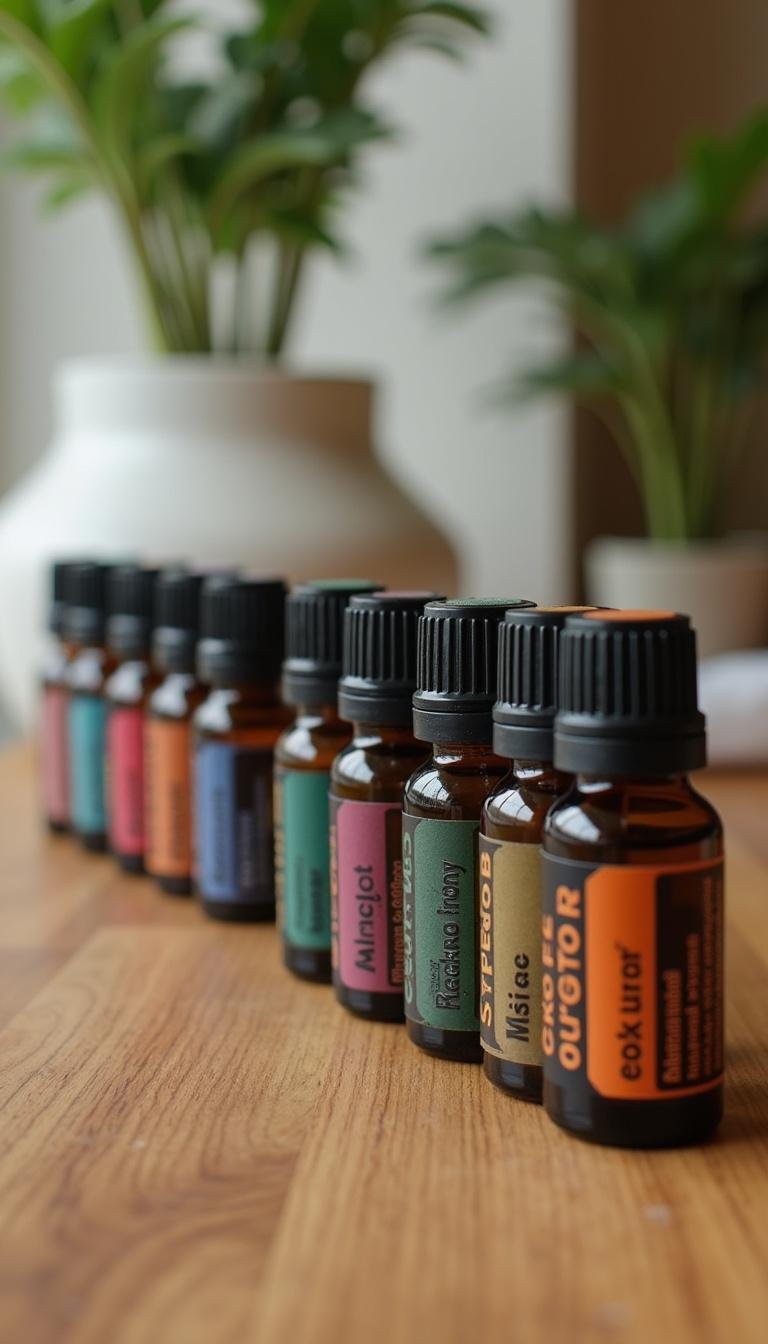Assorted essential oil bottles for focus and concentration placed on a wooden table