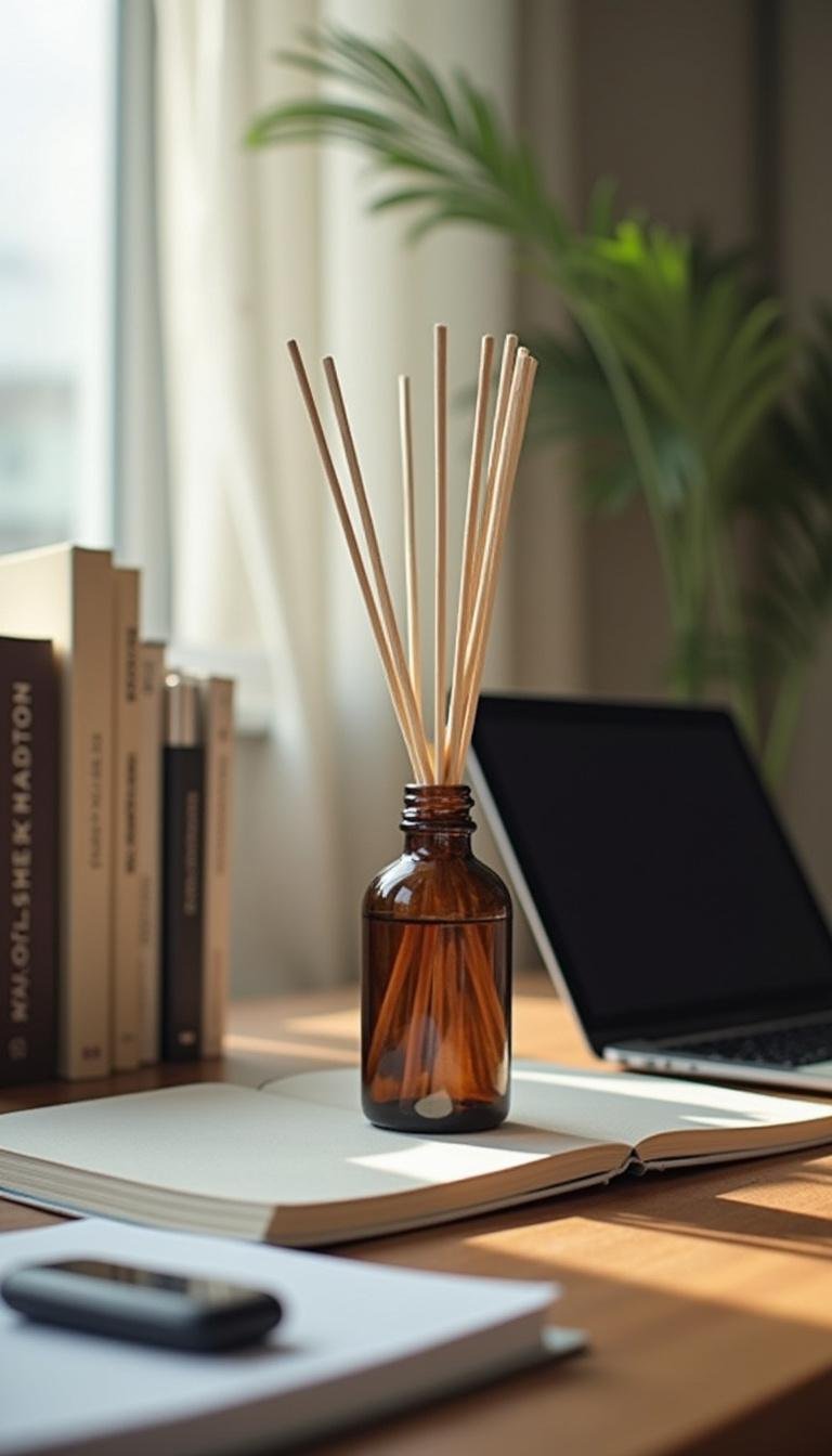 Office environment featuring essential oil diffuser and roller bottle to improve focus during work