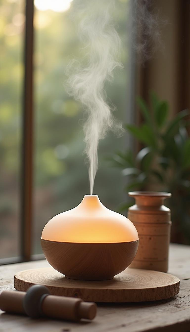 Meditation area with diffuser and essential oil roller for concentration and mental clarity