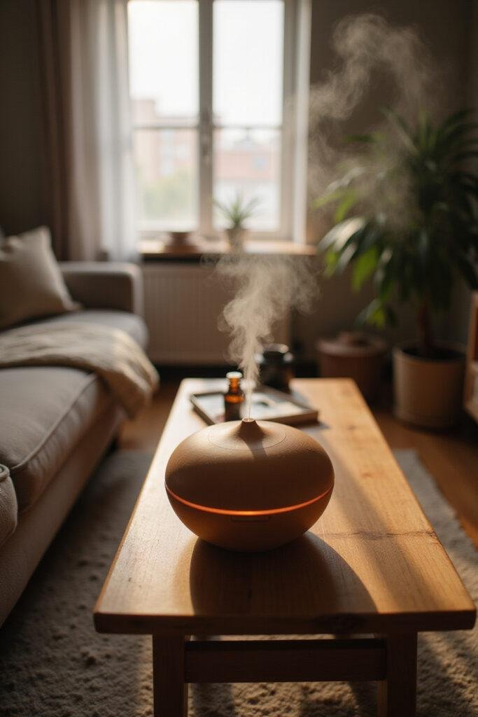 Diffuser dispersing essential oils for headache relief in a peaceful living room.