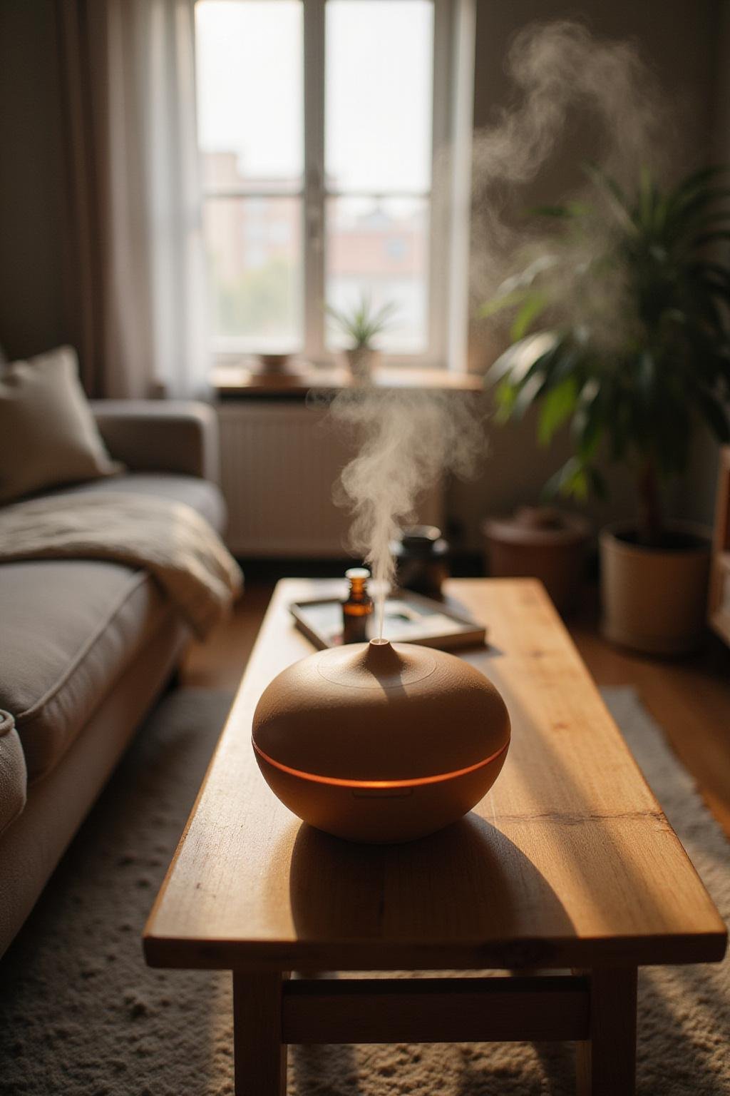 Diffuser dispersing essential oils for headache relief in a peaceful living room.