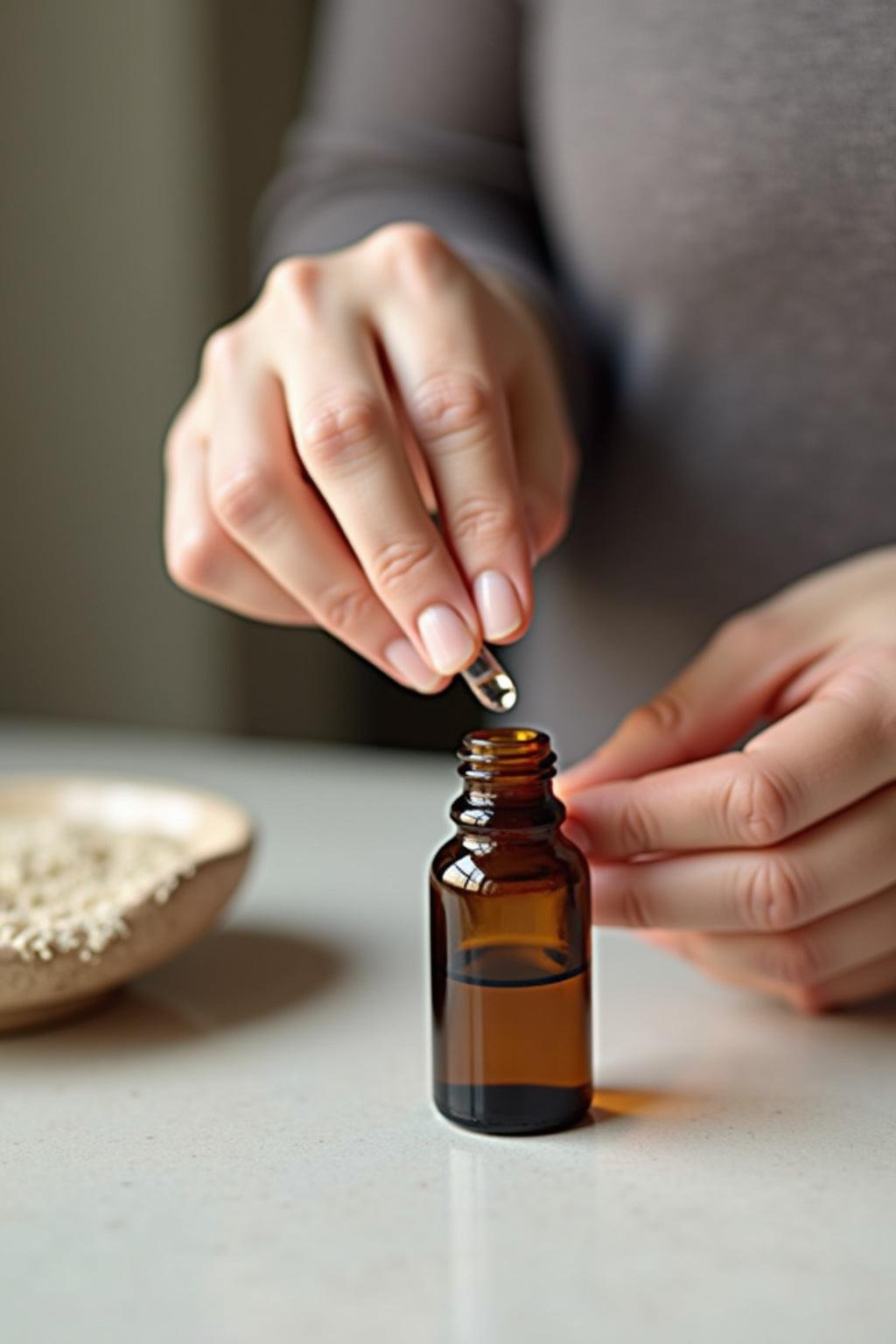 Hand pouring essential oils into a roller bottle for headache relief remedy.