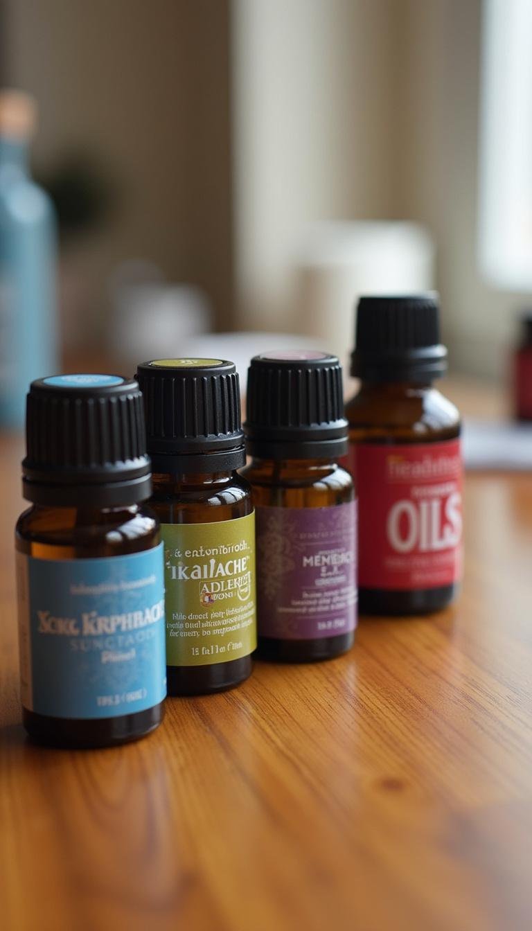 Collection of essential oils for headache relief including peppermint and lavender.