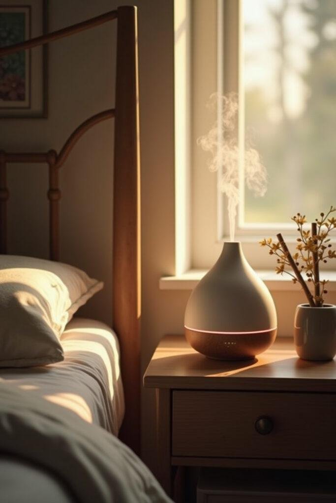 Diffuser emitting essential oils in a restful bedroom setting to promote sleep at night