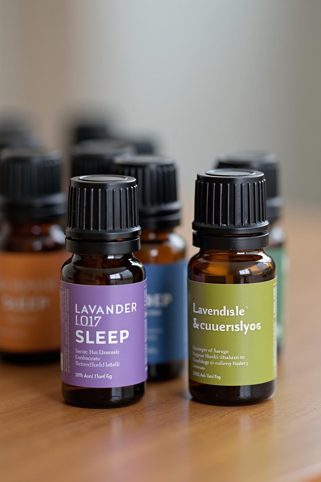Assortment of essential oils suitable for sleep, featuring lavender, chamomile, and eucalyptus bottles on a wooden surface