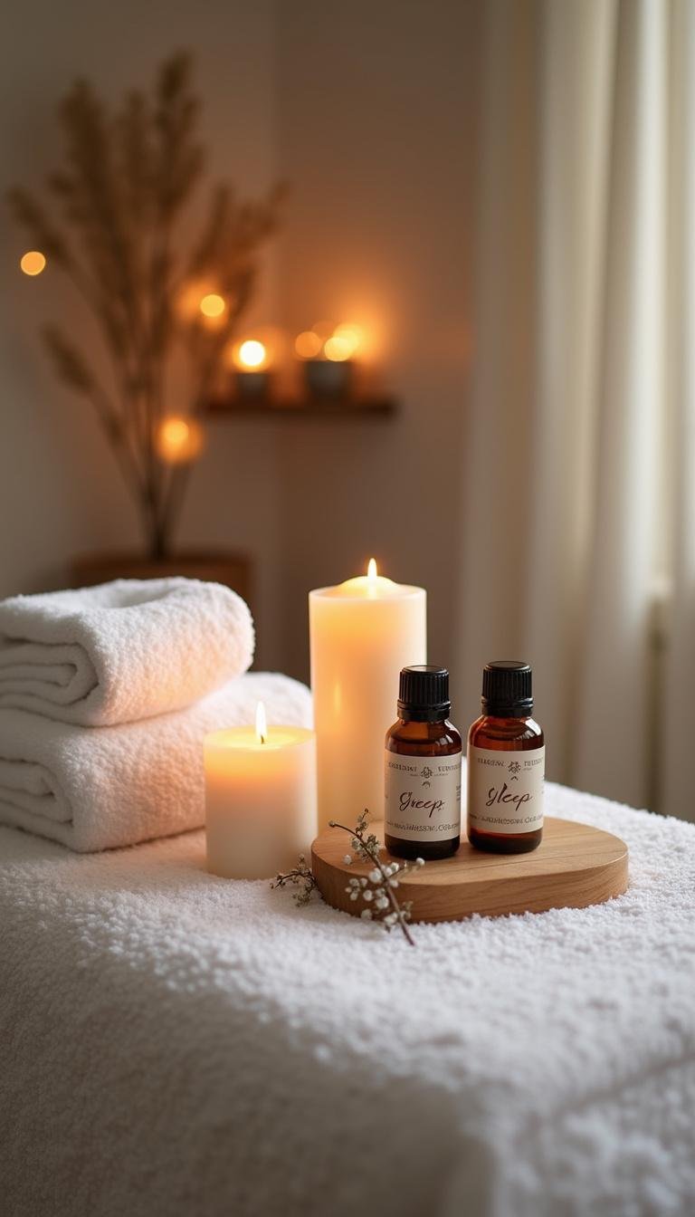 Spa setup featuring sleep-essential oils, candles, and relaxing environment for improved sleep