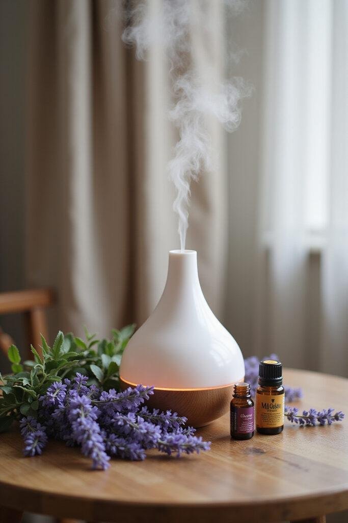 Diffuser with mist and essential oils with lavender flowers for stress relief and relaxation