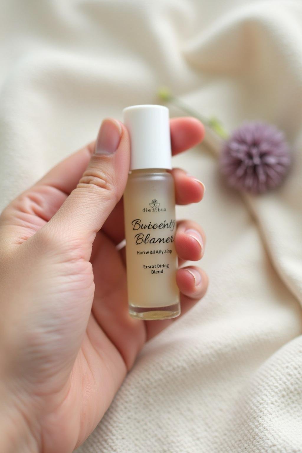 Person applying a stress-relief essential oil roller on their wrist for relaxation