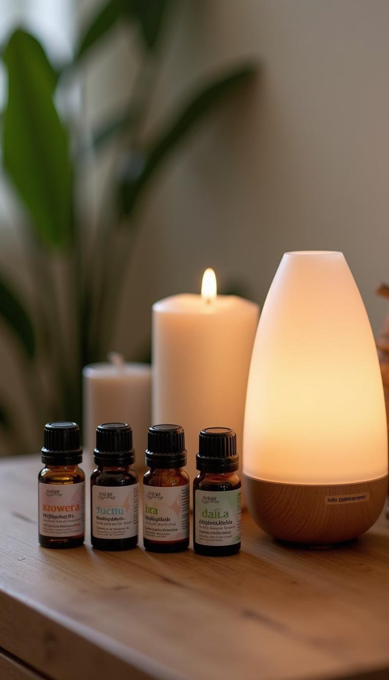 Essential oils and diffuser for stress relief with relaxation candles on a wooden table