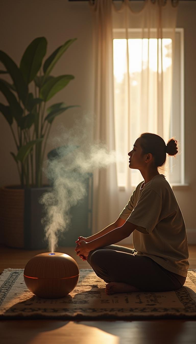 Relaxing home scene with diffuser emitting mist as person enjoys stress relief aroma