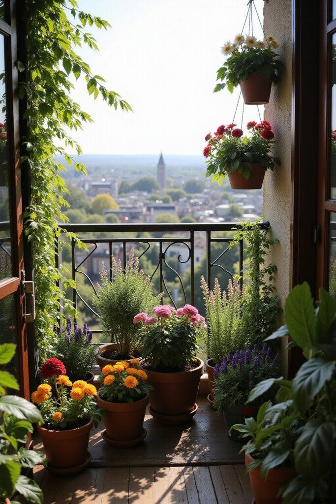 Balcony with green plants and colorful flowers in pots, city view in the background