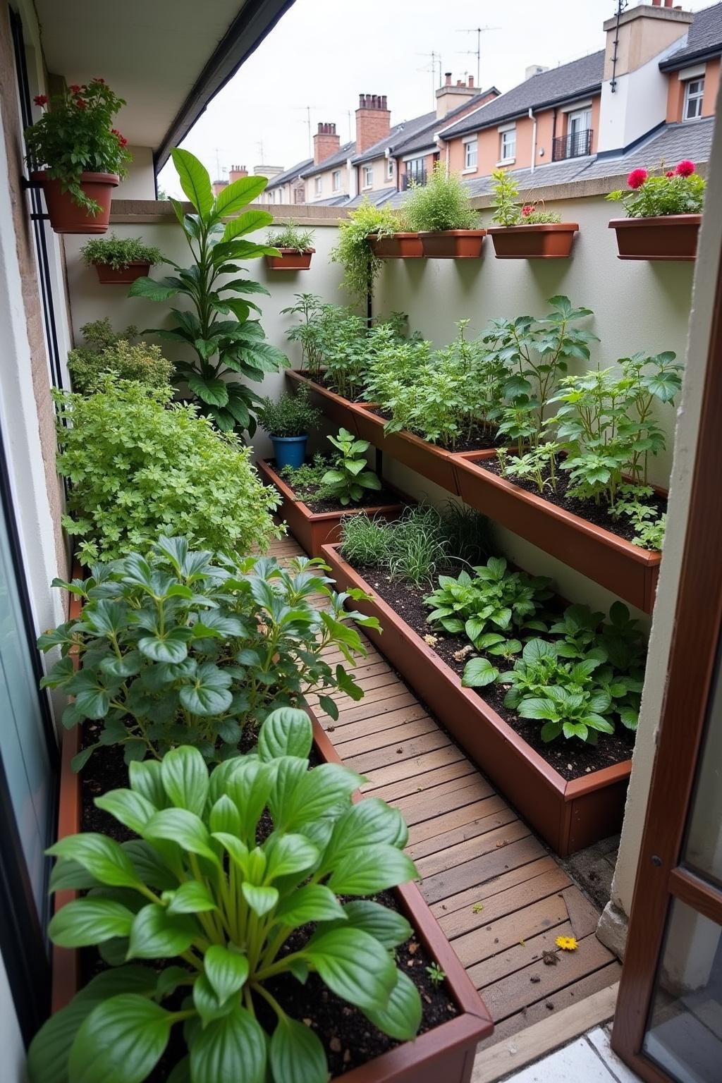 Balcony with vegetable garden, raised beds, and hanging planters, urban setting