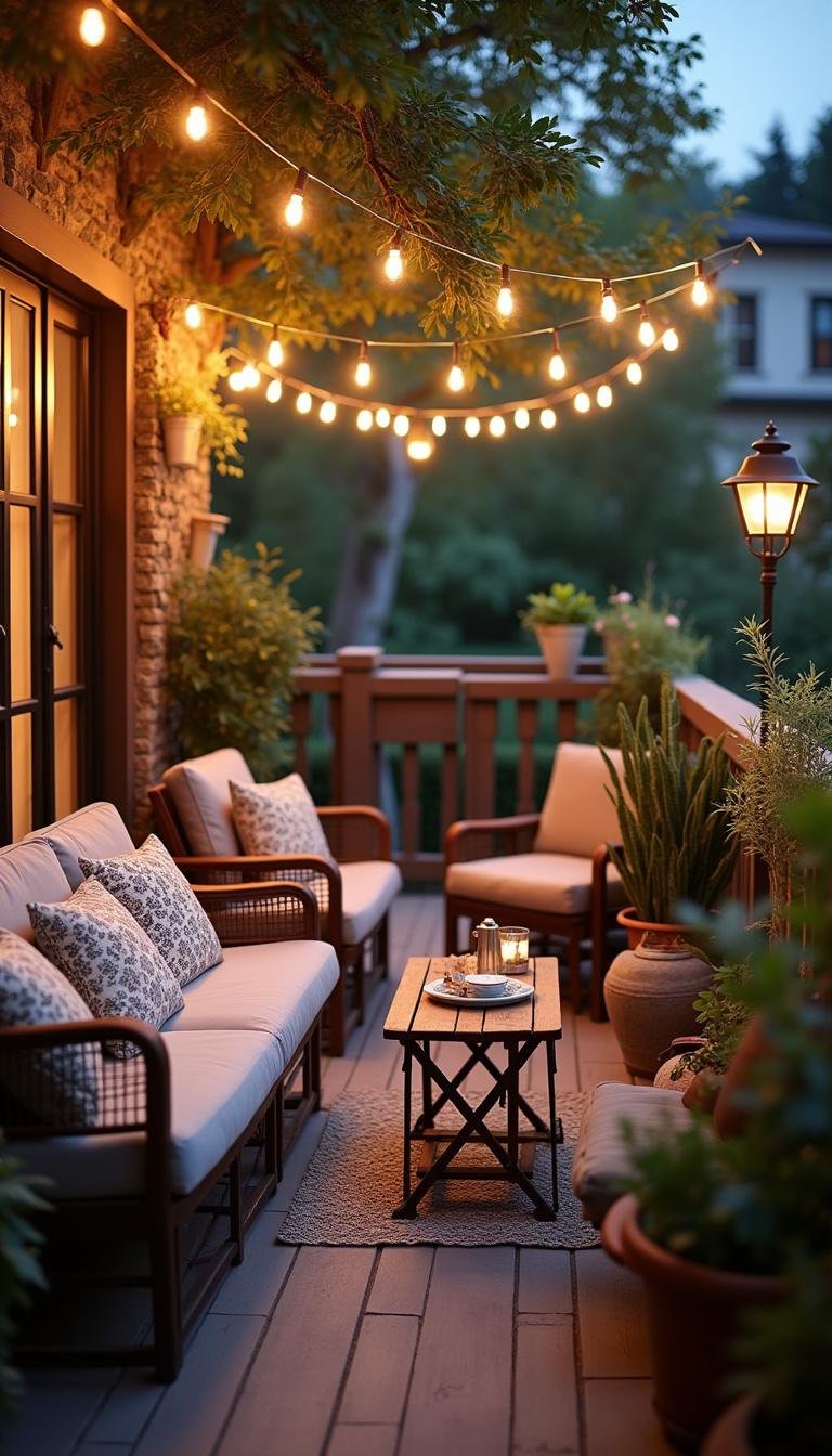 Outdoor balcony lounge with seating, string lights, and cushions, evening ambiance