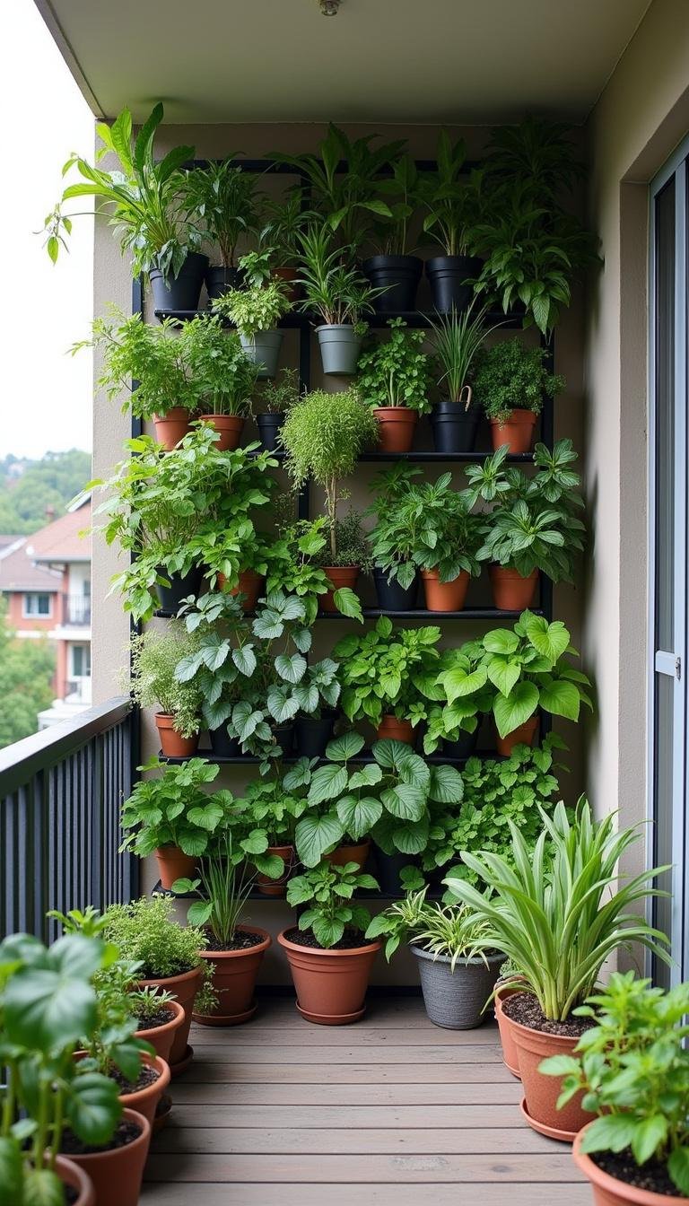 Vertical garden on balcony wall with herbs and small plants, modern outdoor space